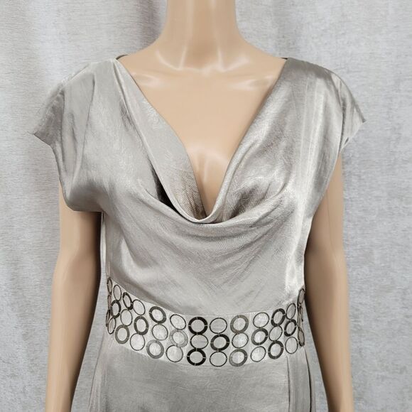 Ellen Tracy Champagne Satin Plunging Cowl Neckline Cap Sleeves Midi Sheath Dress - Picture 2 of 10